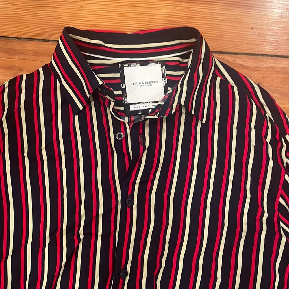 Denim & Flower Striped Navy Collar Shirt